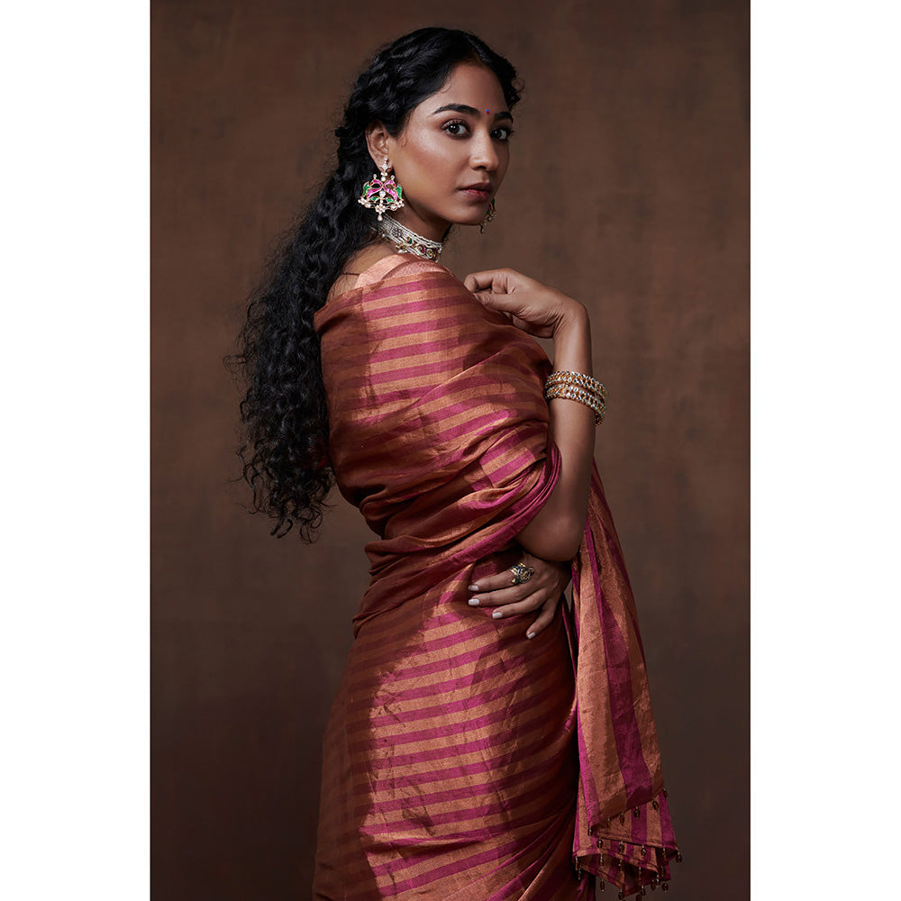 Dressfolk Handwoven Magenta & Copper Stripes Tissue Saree & Glass Beads Metal Charm with Blouse