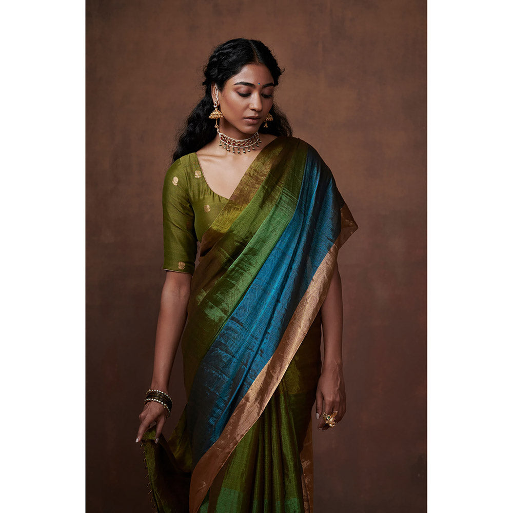 Dressfolk Handwoven Green & Olive with Bright Firozi Blue Zari in Border Tissue Saree with Blouse