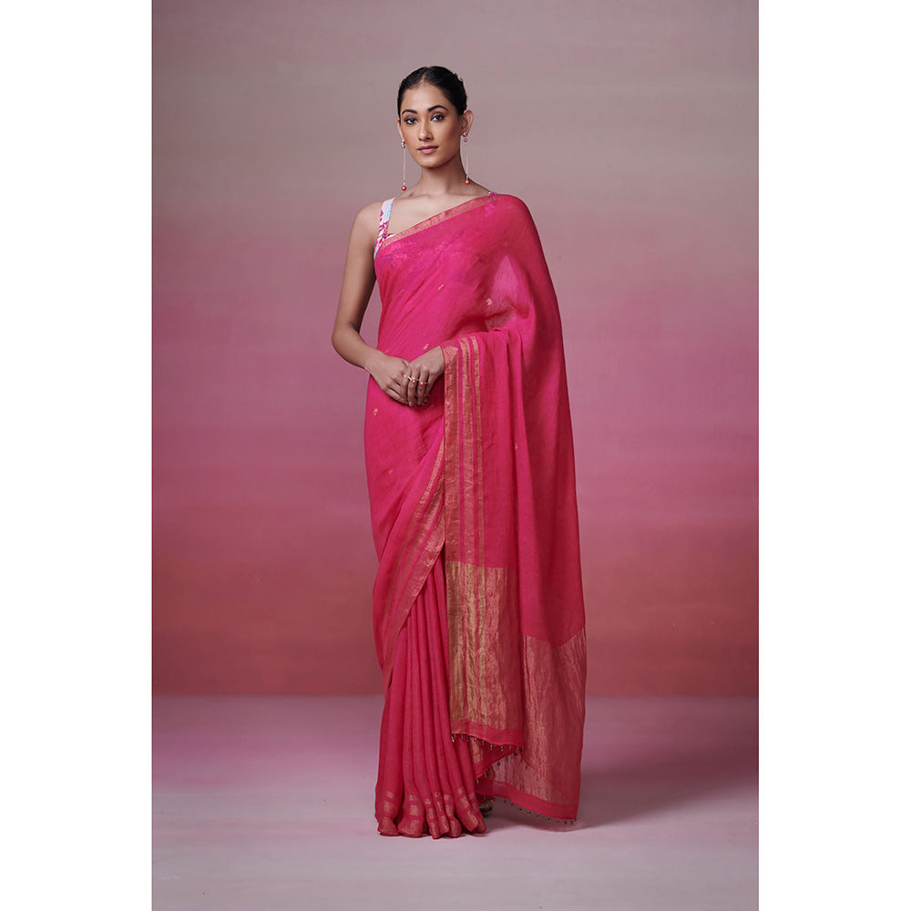 Dressfolk Handwoven 100% Linen Fuchsia Pink Elegance Saree With Metallic Zari & Coin Detail Palla