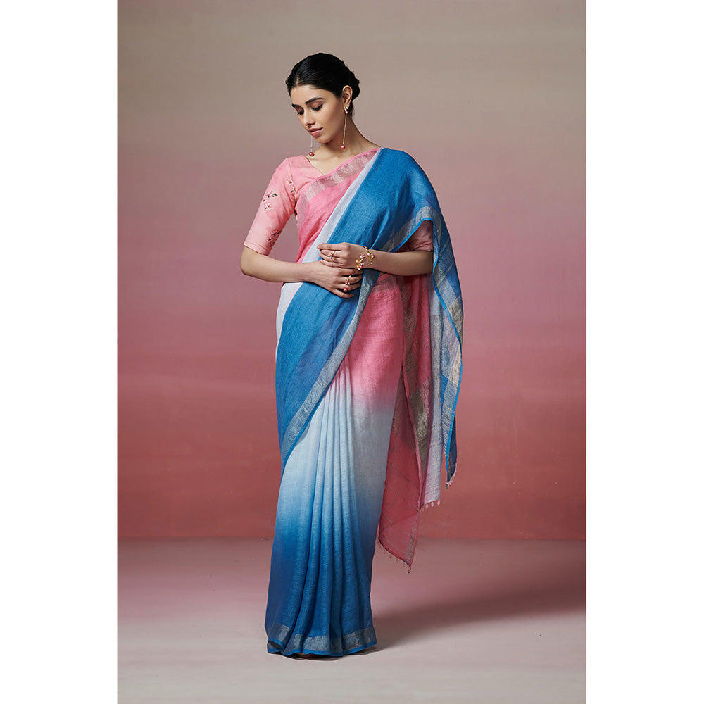 Dressfolk Handwoven 100% Handloom Linen Pastel Delight Saree with Metallic Border and Palla