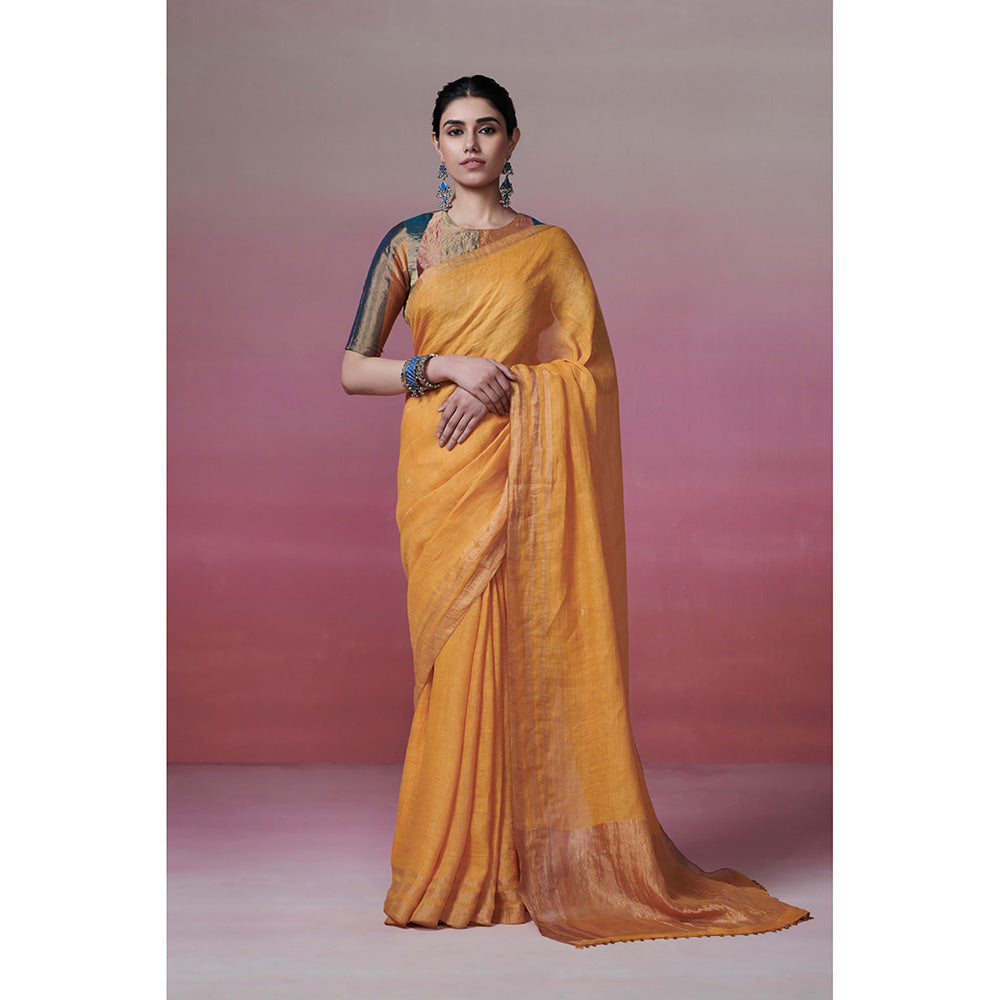 Dressfolk Handwoven 100% Linen Mango Yellow Sunshine Saree With Metallic Zari Border & Palla