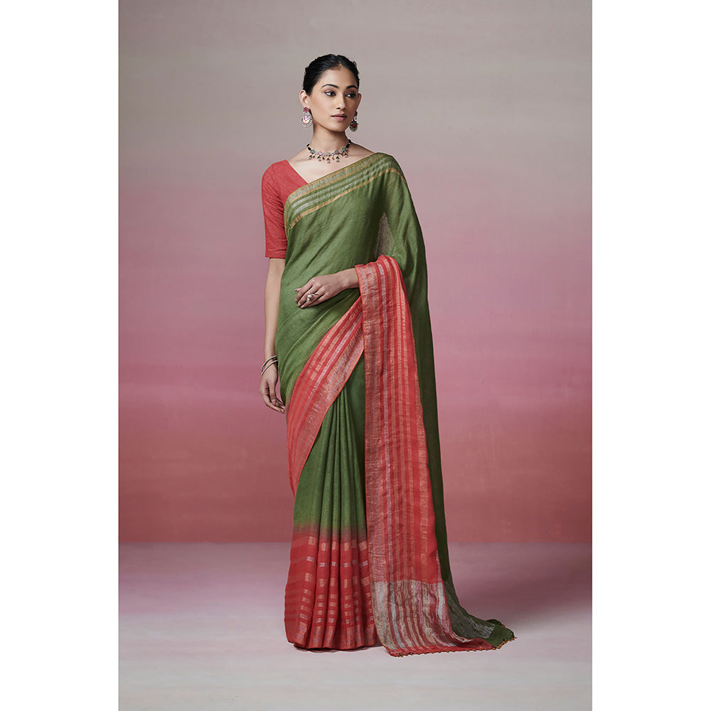 Dressfolk Handwoven 100% Linen Forest Green Festiv Saree With Metallic border Palla Glass Beads Edge