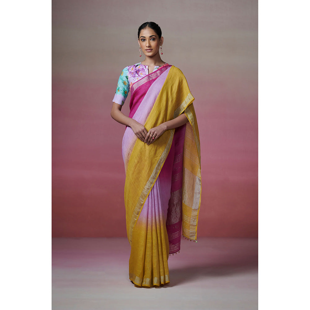 Dressfolk Handwoven 100% Handloom Linen Magenta Pink, Yellow Saree, Metallic Border and Palla