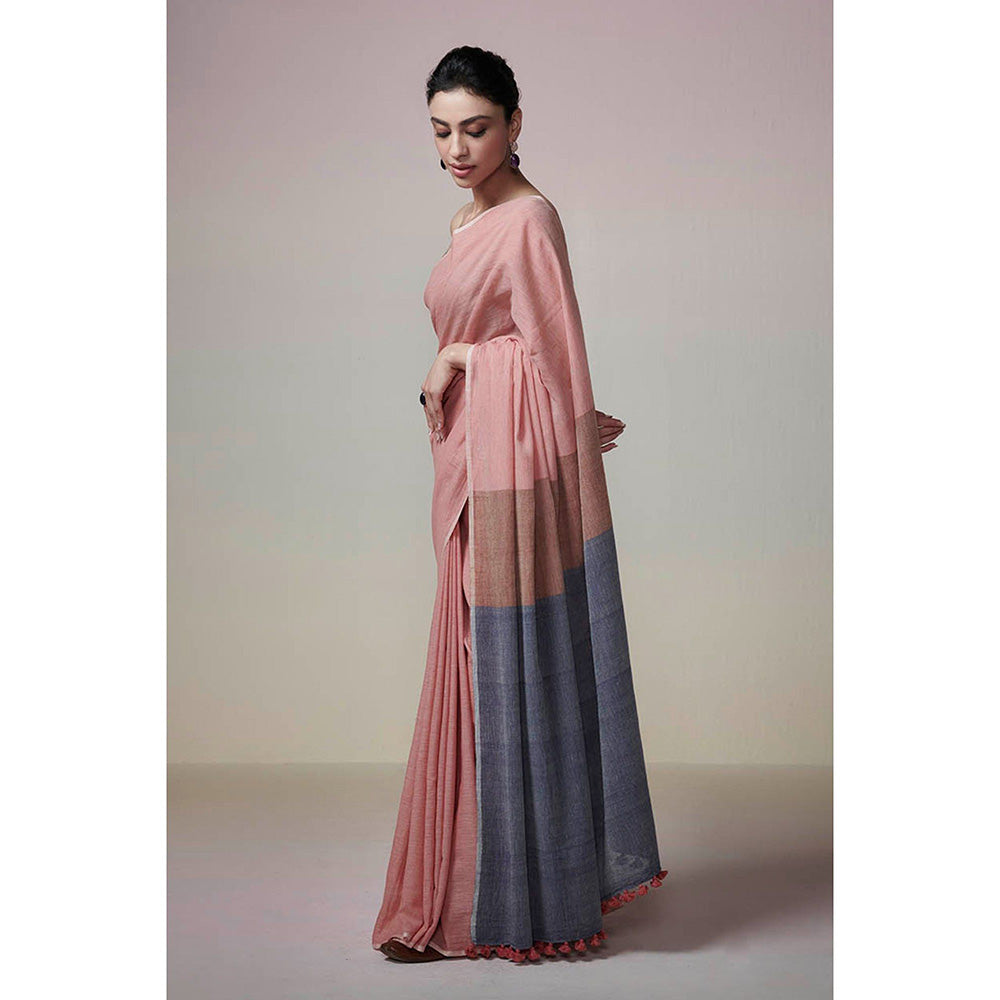 Dressfolk Handwoven Earthy Pink with Light Brown & Blue Palla Handloom 100% Cotton Saree with Tassel
