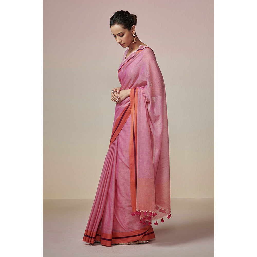 Dressfolk Handwoven Pink and Orange Handloom 100% Pure Cotton Saree With Tassel Border