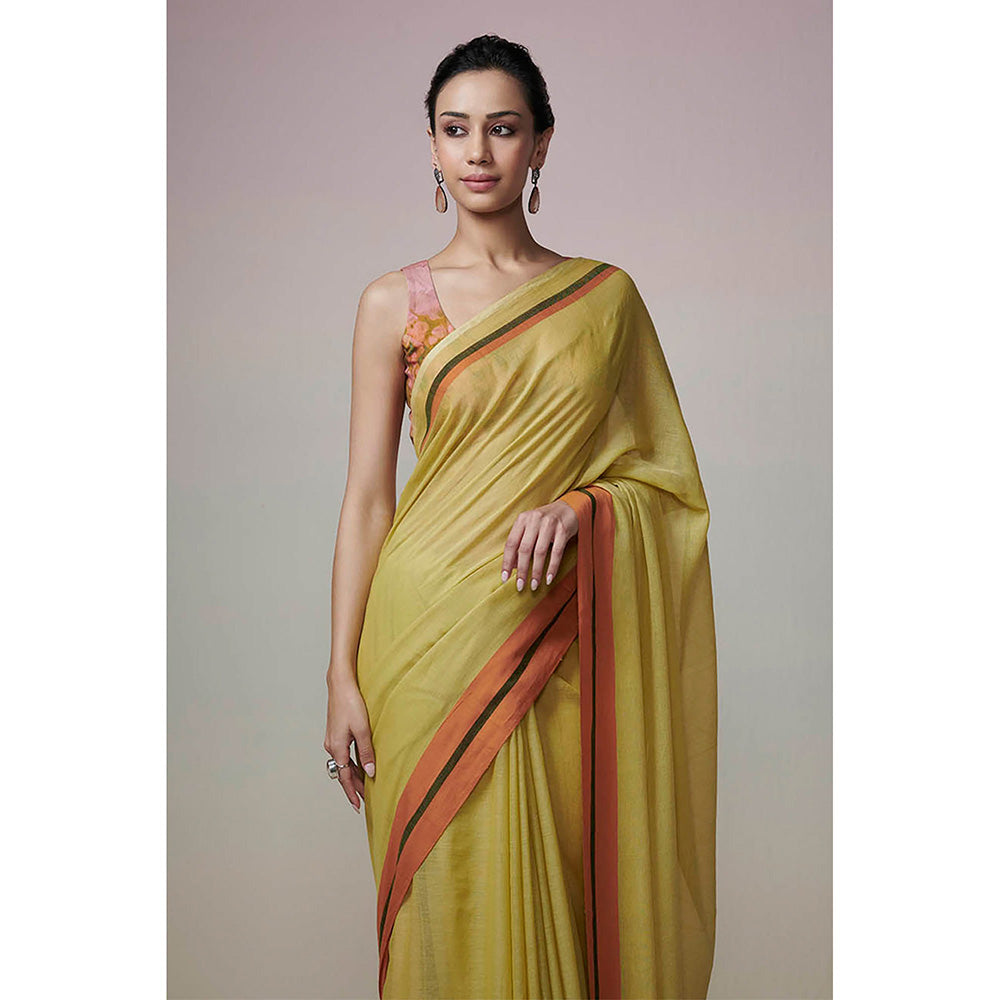 Dressfolk Handwoven Lime Green and Orange Border with Tassel Handloom 100% Pure Cotton Saree