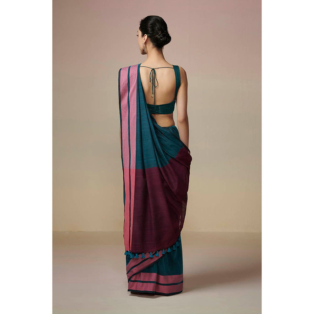 Dressfolk Handwoven Linen Peacock Green Saree 100% Pure Handloom Cotton With Tassel Border