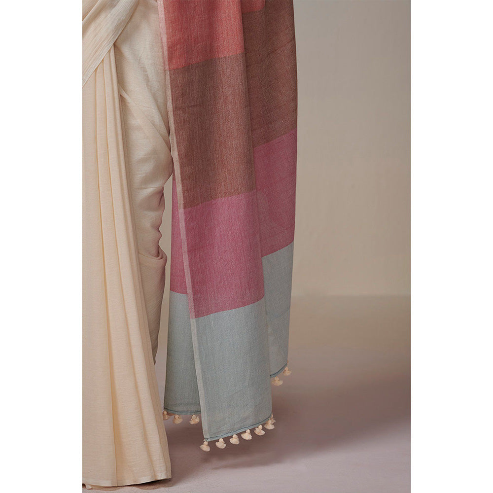 Dressfolk Handwoven Ivory with Colorful Stripes Palla Handloom 100% Cotton Saree with Tassel Border