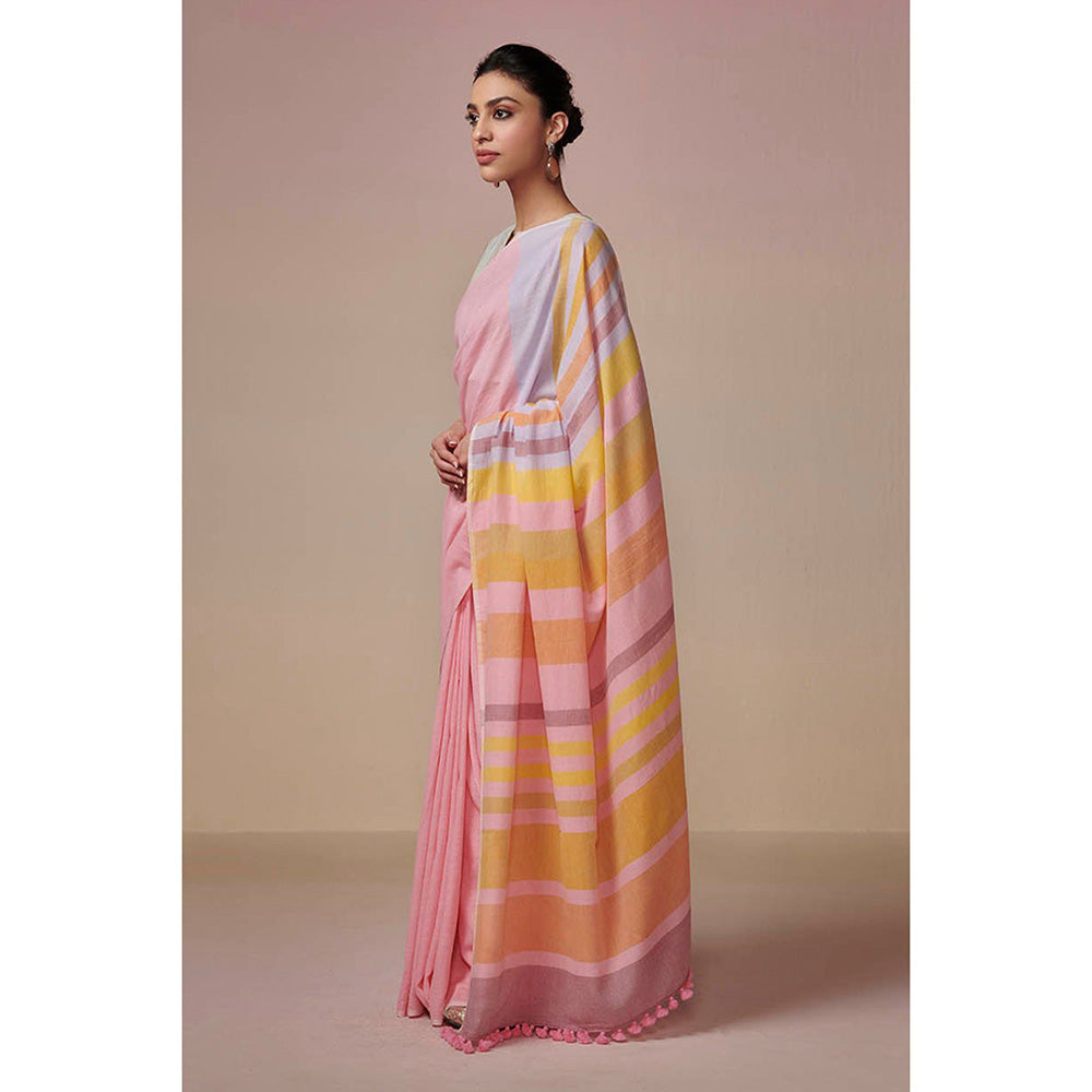 Dressfolk Handwoven Fresh Pink with Colorful Stripes Handloom 100% Cotton Saree with Tassel Border
