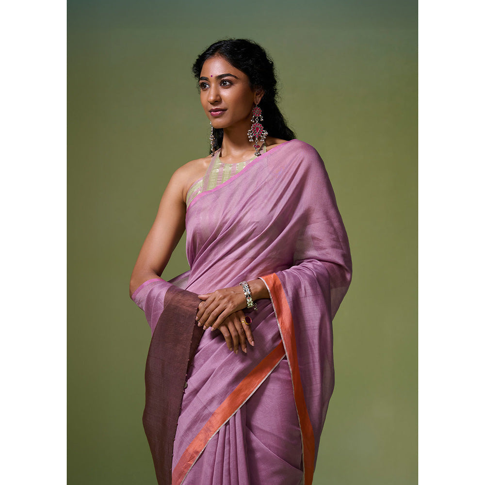 Dressfolk Handloom Chanderi Light Purple With Silver Zari Border Saree with Unstitched Blouse