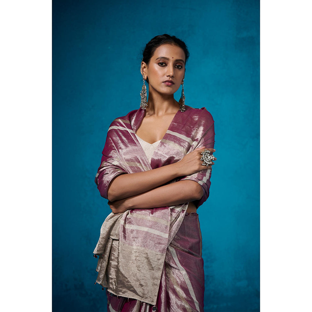 Dressfolk Handwoven Tissue Purple With Silver Zari Base Saree With Matching Unstitched Blouse