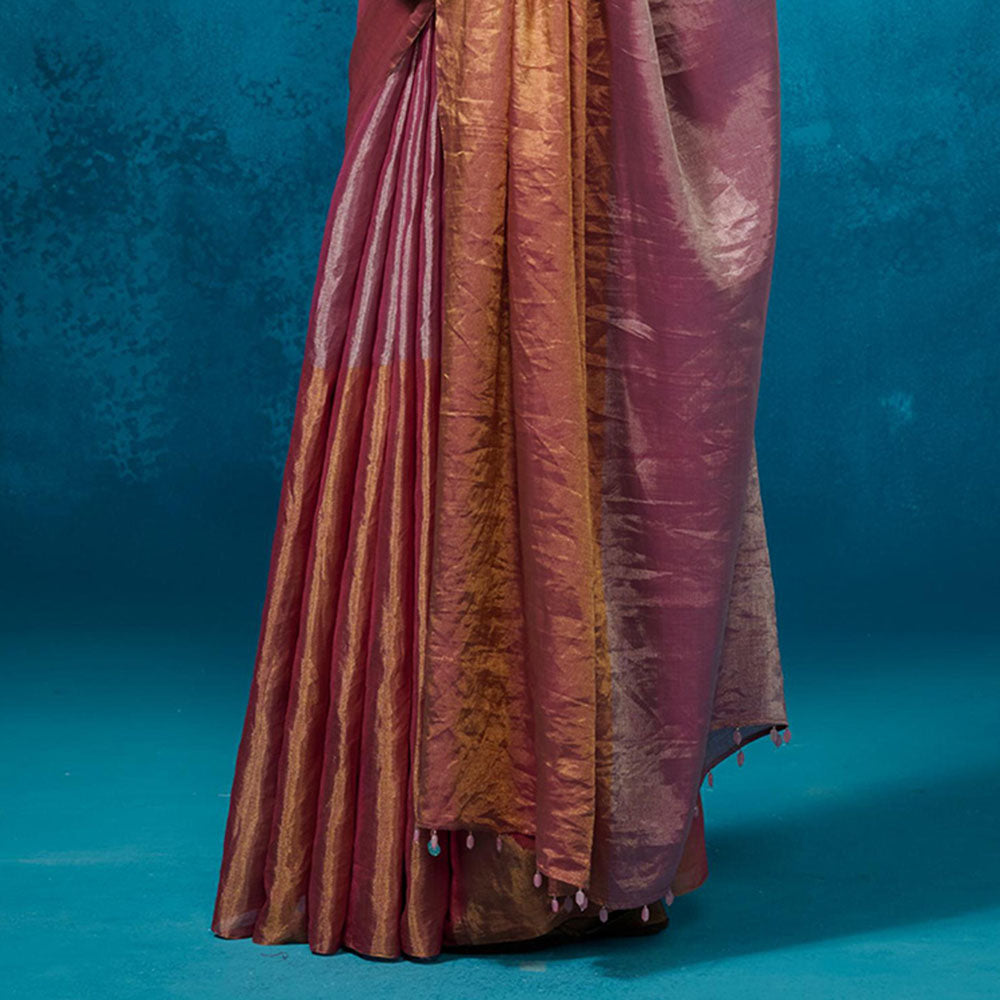 Dressfolk Handwoven Tissue Gold Zari Base Pink Orange Blocks Saree With Matching Unstitched Blouse