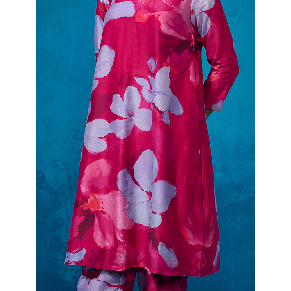 Dressfolk Pink Floral Chanderi Fabric Kurta with Pant (Set of 2)