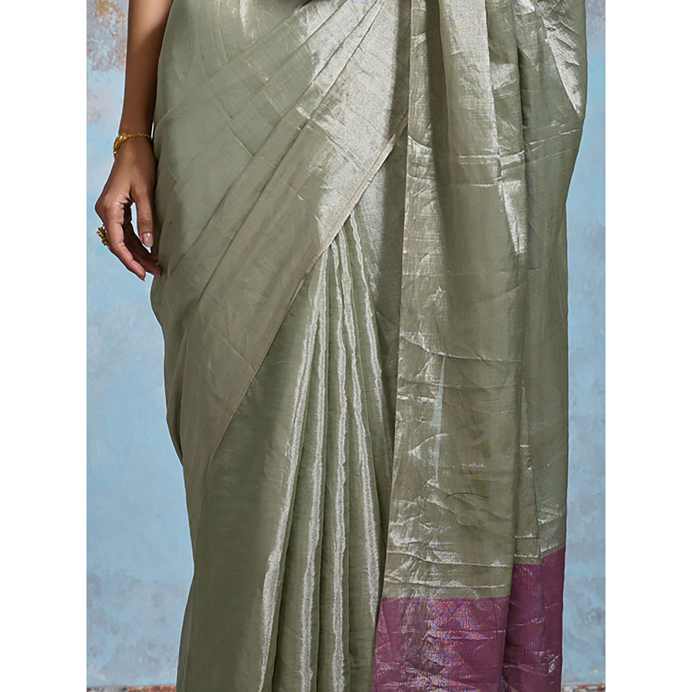 Dressfolk Handloom Sage Green Tissue Saree with Unstitched Blouse