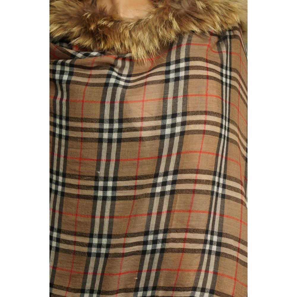 Dusala India Pashmina Brown Fur Border Stole In Checks Design