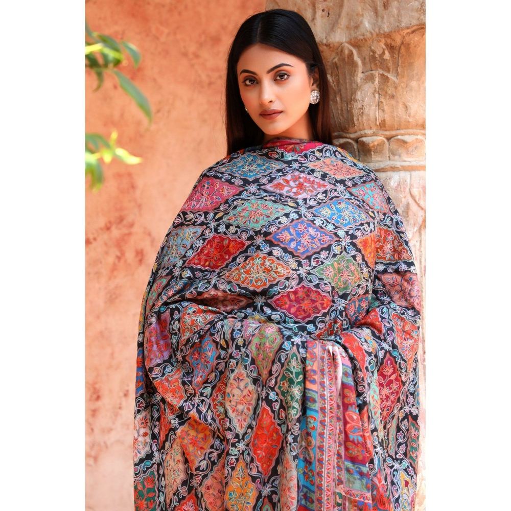 Dusala India Handwoven Pashmina Wool Kalamkari Design Shawl