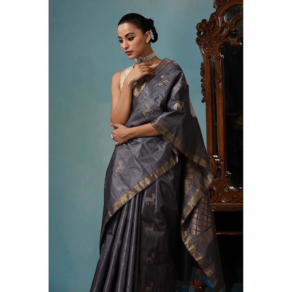 Dusala India Tulip Handwoven Grey Kosi Silk Mark Saree with Unstitched Blouse