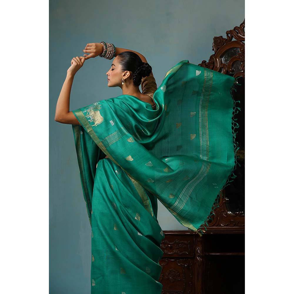 Dusala India Poppy Handwoven Sea Green Kosi Silk Mark Saree with Unstitched Blouse
