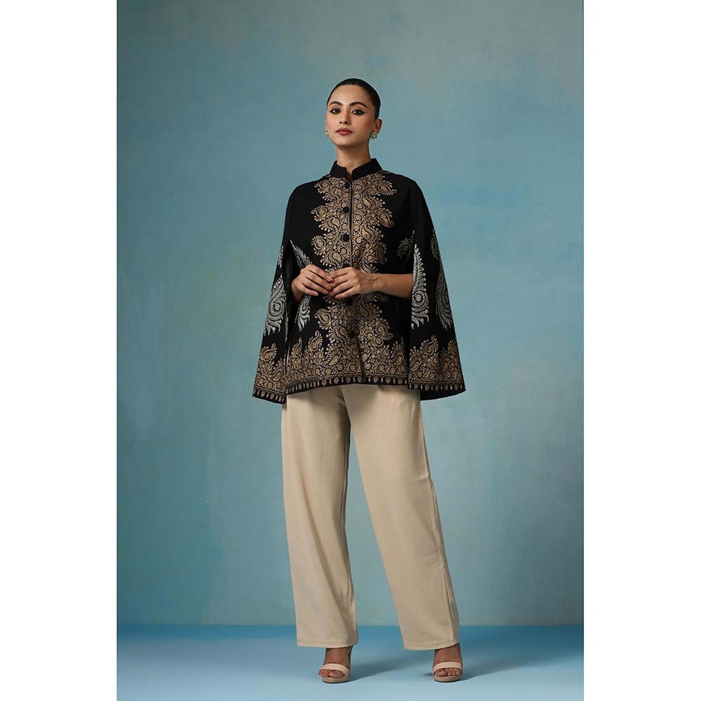 Dusala India Ira Fine Wool Silk With Zari Embroidery Cape - Black