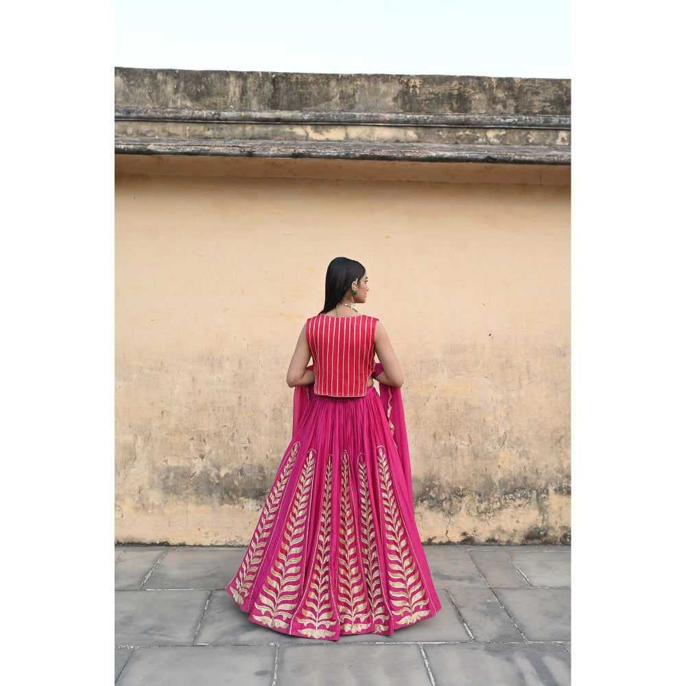 Ease Clothing Pink Embroidered Lehenga with Blouse and Dupatta (Set of 3)