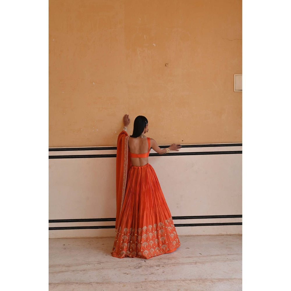 Ease Clothing Orange Embroidered Blouse with Lehenga and Dupatta (Set of 3)