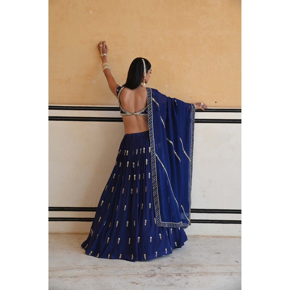 Ease Clothing Navy Blue Embroidered Blouse with Lehenga and Dupatta (Set of 3)