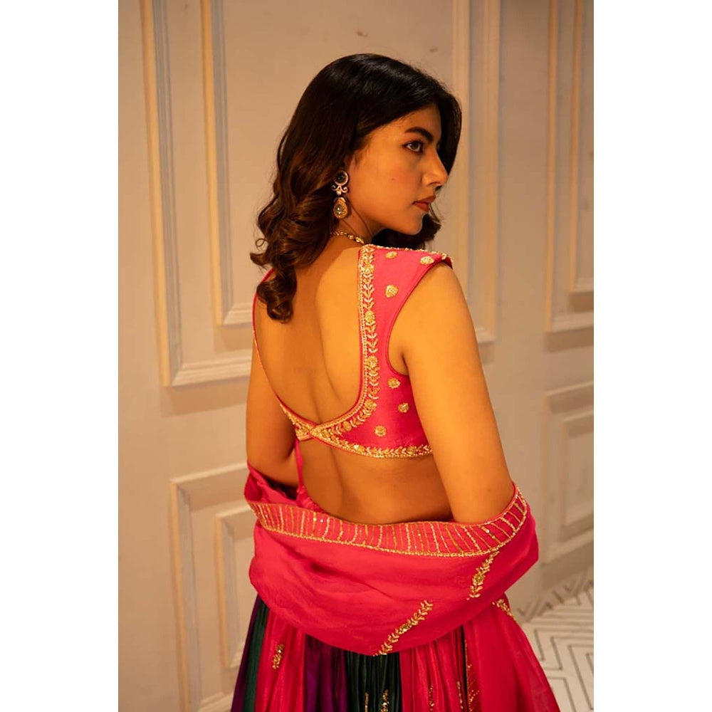 Ease Clothing Multi-Colour Embroidered Blouse with Lehenga and Dupatta (Set of 3)