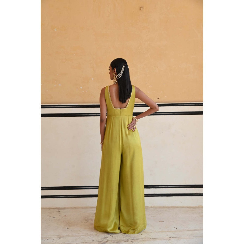 Ease Clothing Green Square Neckline Floral Butti Embroidered Flared Jumpsuit