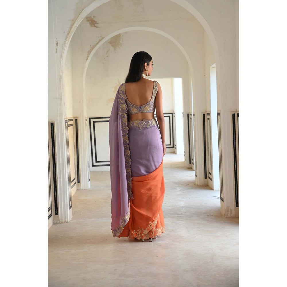 Ease Clothing Lavender Ombre Floral Embroidered Border Saree with Stitched Blouse