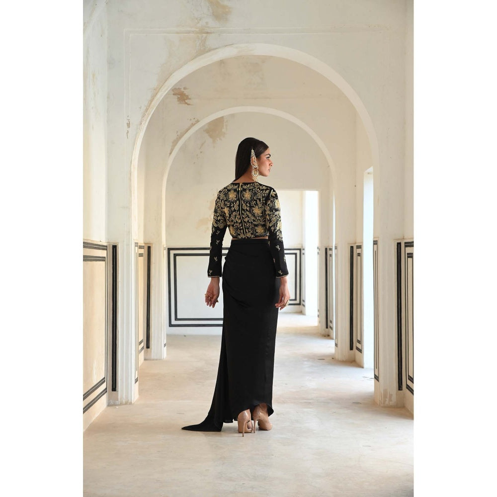Ease Clothing Black Embroidered Crop Top with Cowl Skirt (Set of 2)