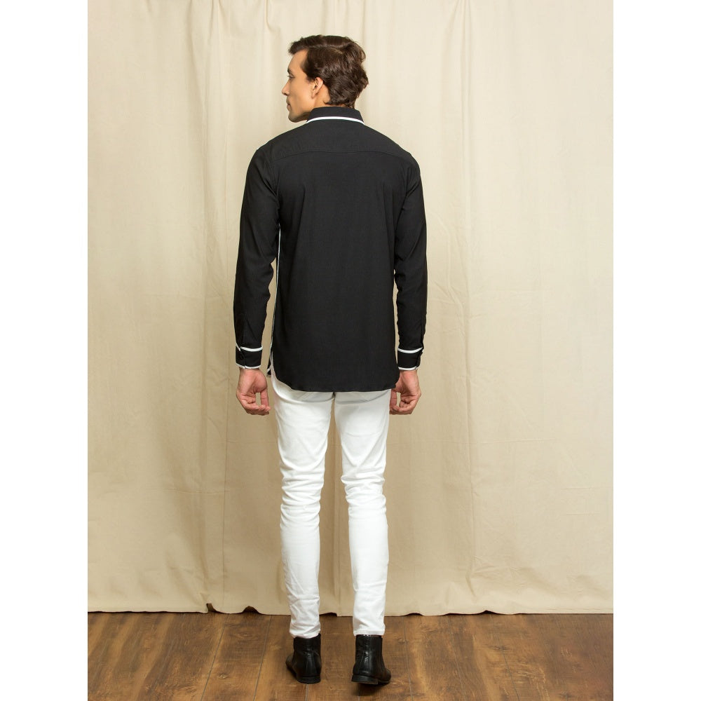 Echke Black Shirt with White Piping on Collar Placket and Sleeves