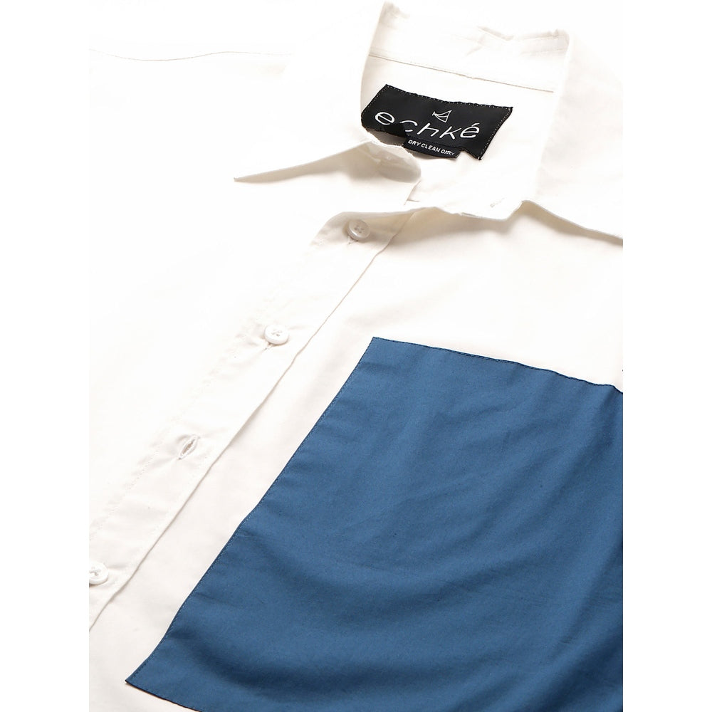Echke White Shirt with Slate Blue Patch on Left Sleeve and Chest with Button Detailing