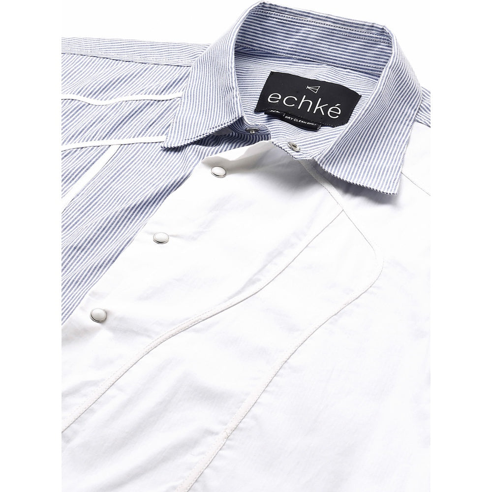 Echke White Shirt with Blue Stripes and Piping Panel on One Side