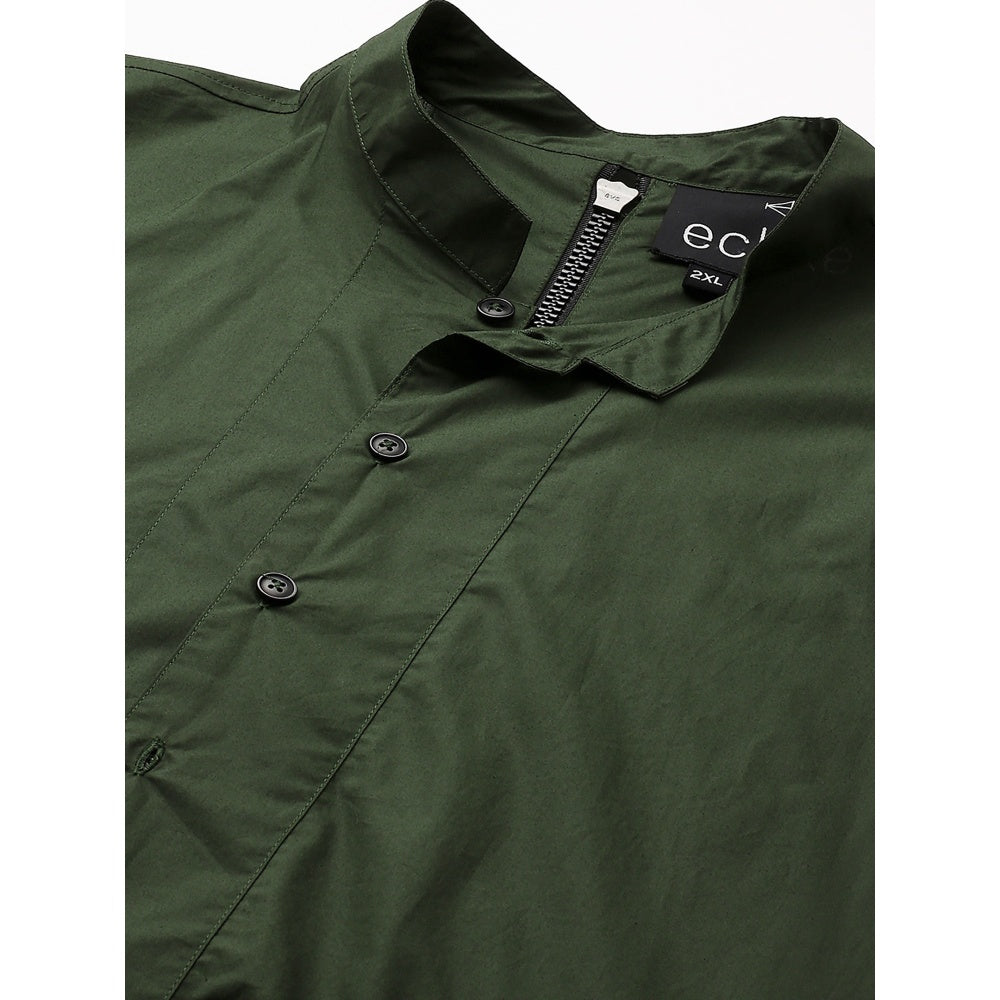 Echke Military Green Shirt with Chinese Collar and Grey Zipper Feature at The Back