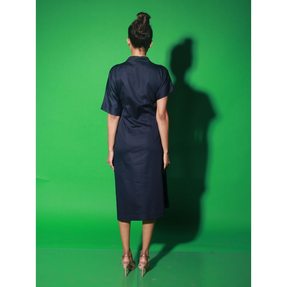 Echke Blue Midi Dress With Short Sleeves And Asymmetrical Neck