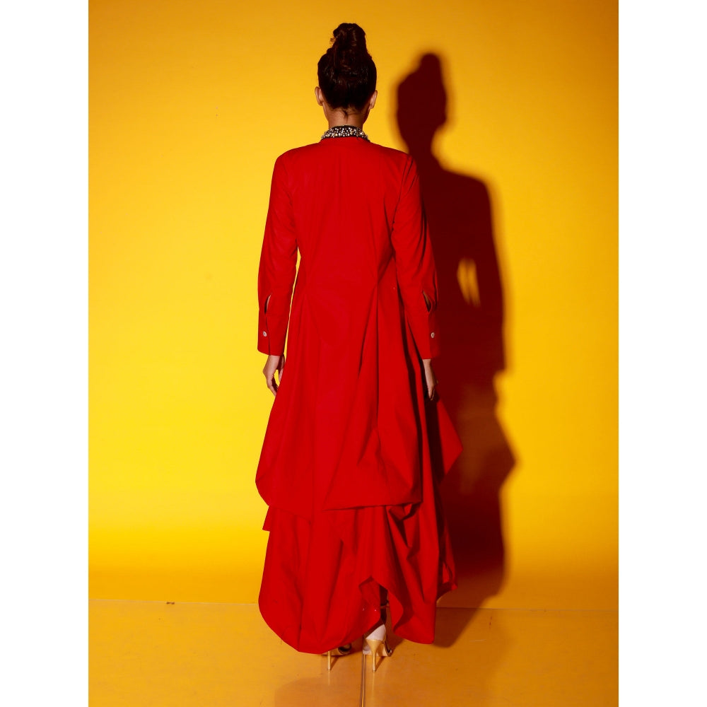 Echke Red Chinese Collar Dress With Long Sleeves And Asymmetric Balloon Feature