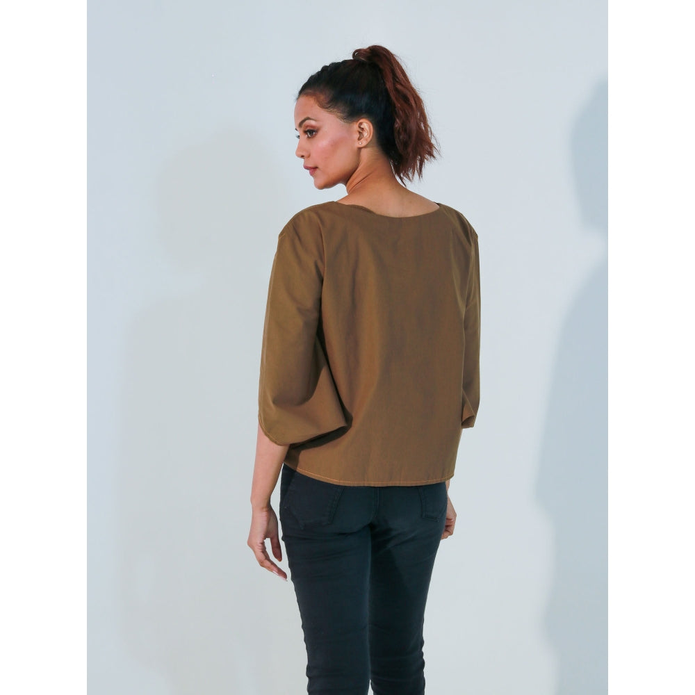 Echke Brown Top with Angular Slit Sleeves