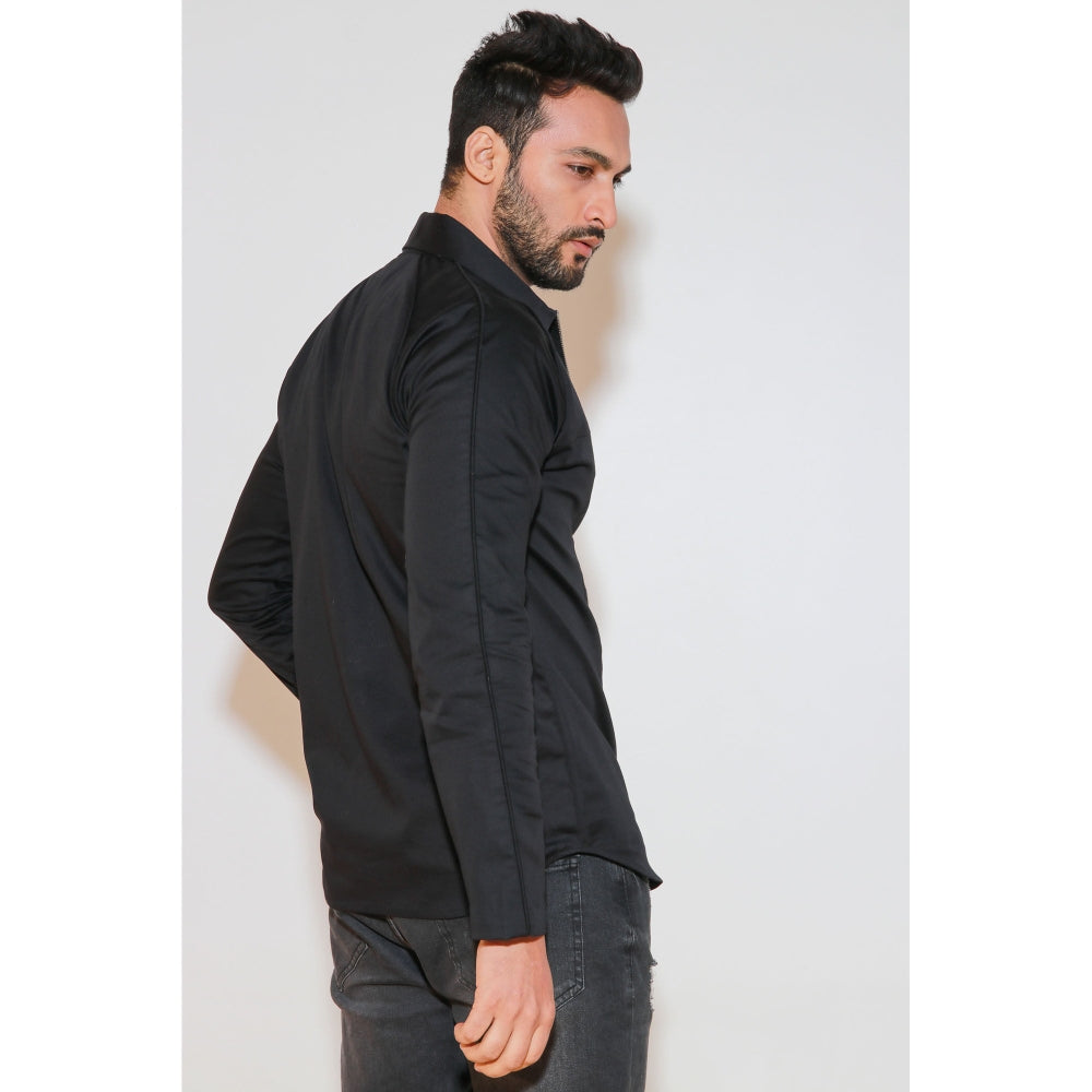Echke Black Shirt with Self Piping On Shoulders and Zippered Placket