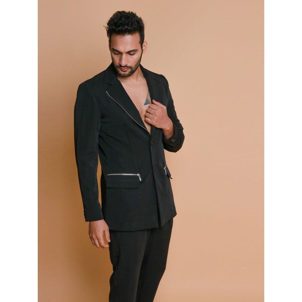 Echke Black Jacket with Zippers and Narrow Fitted Pants (Set of 2)