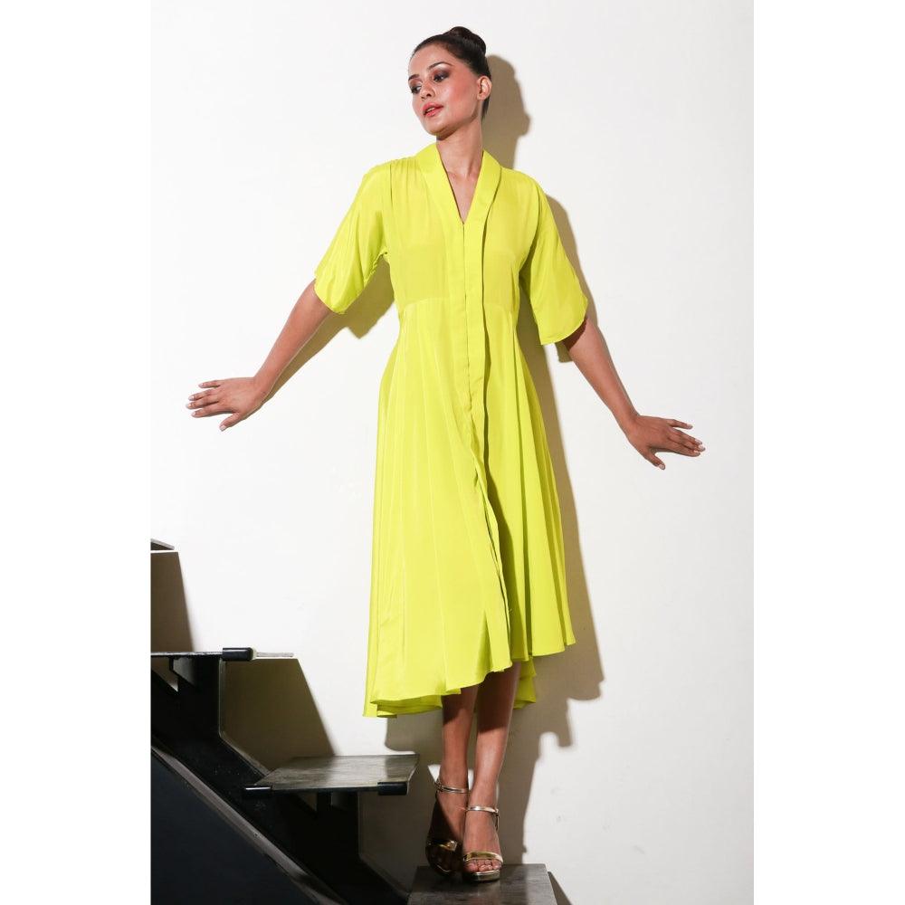 Echke Yellow French Crepe Dress with Flared Cente And Back Feature