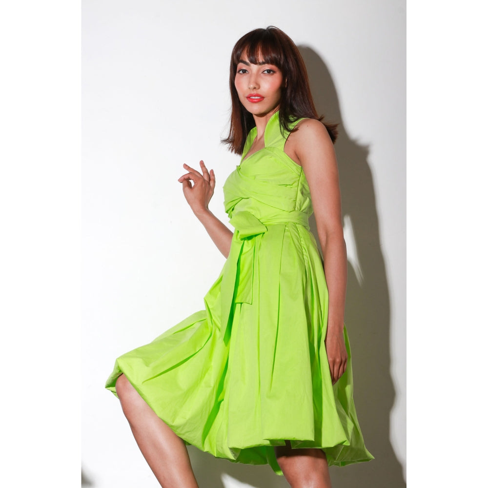 Echke Neon Green Flared Balloon Dress with Rounded Megia Sleeves & Belt (Set of 2)