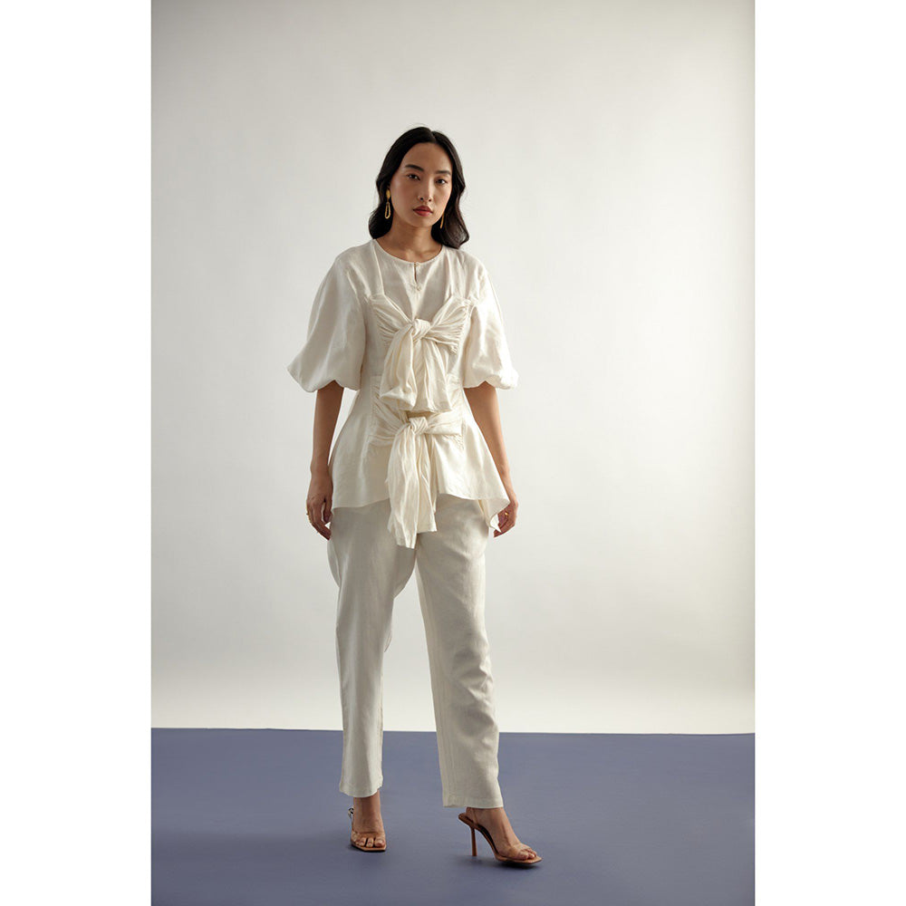 EchoStudio Linen Tie Up Top with Pants (Set of 2)