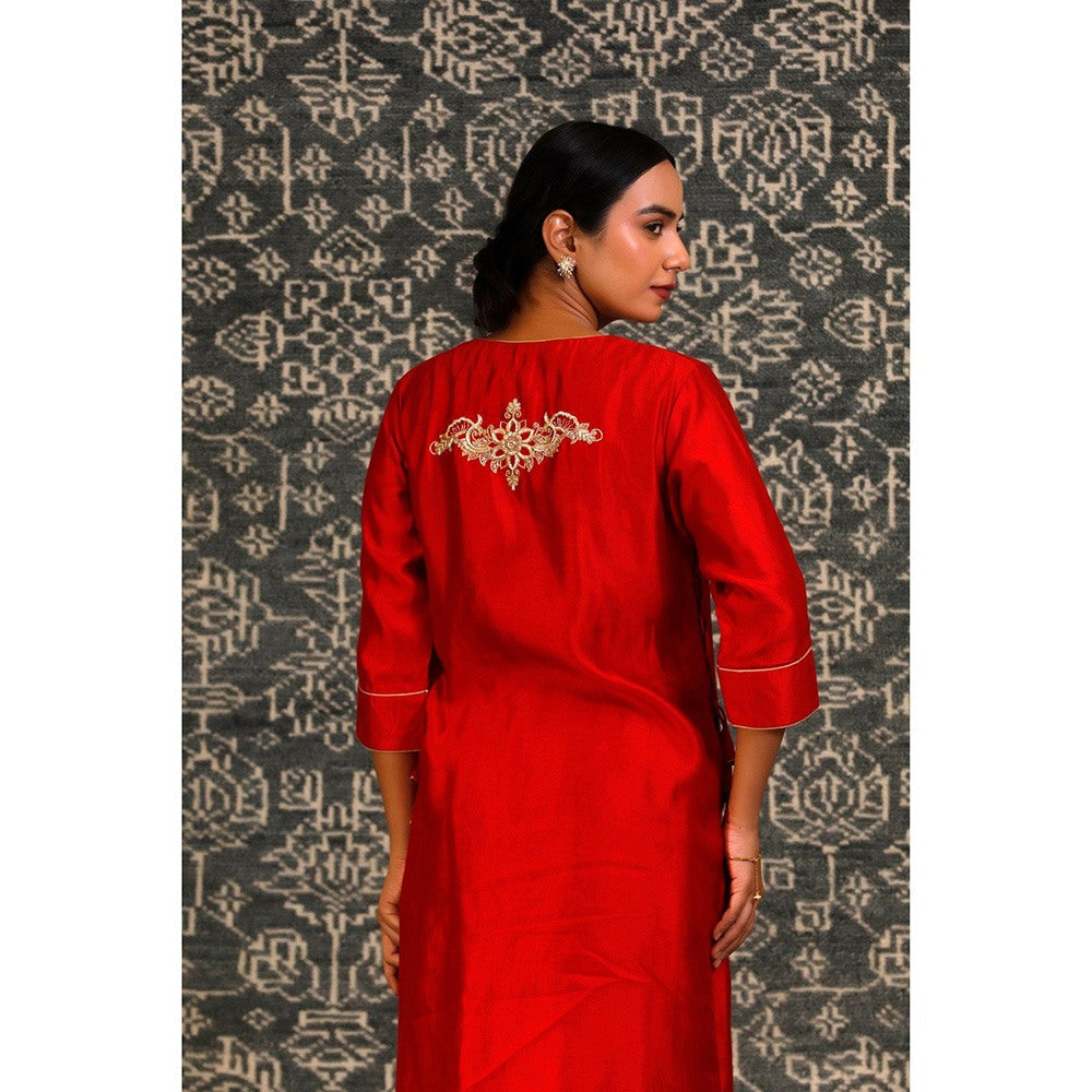 EEDA Red Dori Embroidered Kurta with Pant (Set of 2)