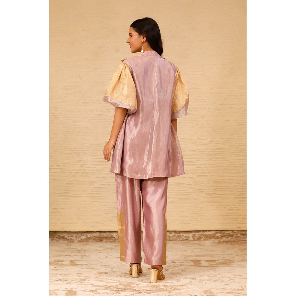 EEDA Pink Color Block Crop Top and Pant with Jacket (Set of 3)