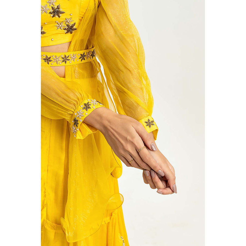 EESHA GUPTA Women Yellow Embroidered Lehenga with Choli and Dupatta (Set of 3)