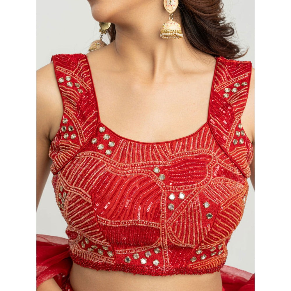 EESHA GUPTA Women Red Embellished Lehenga with Choli and Dupatta (Set of 3)