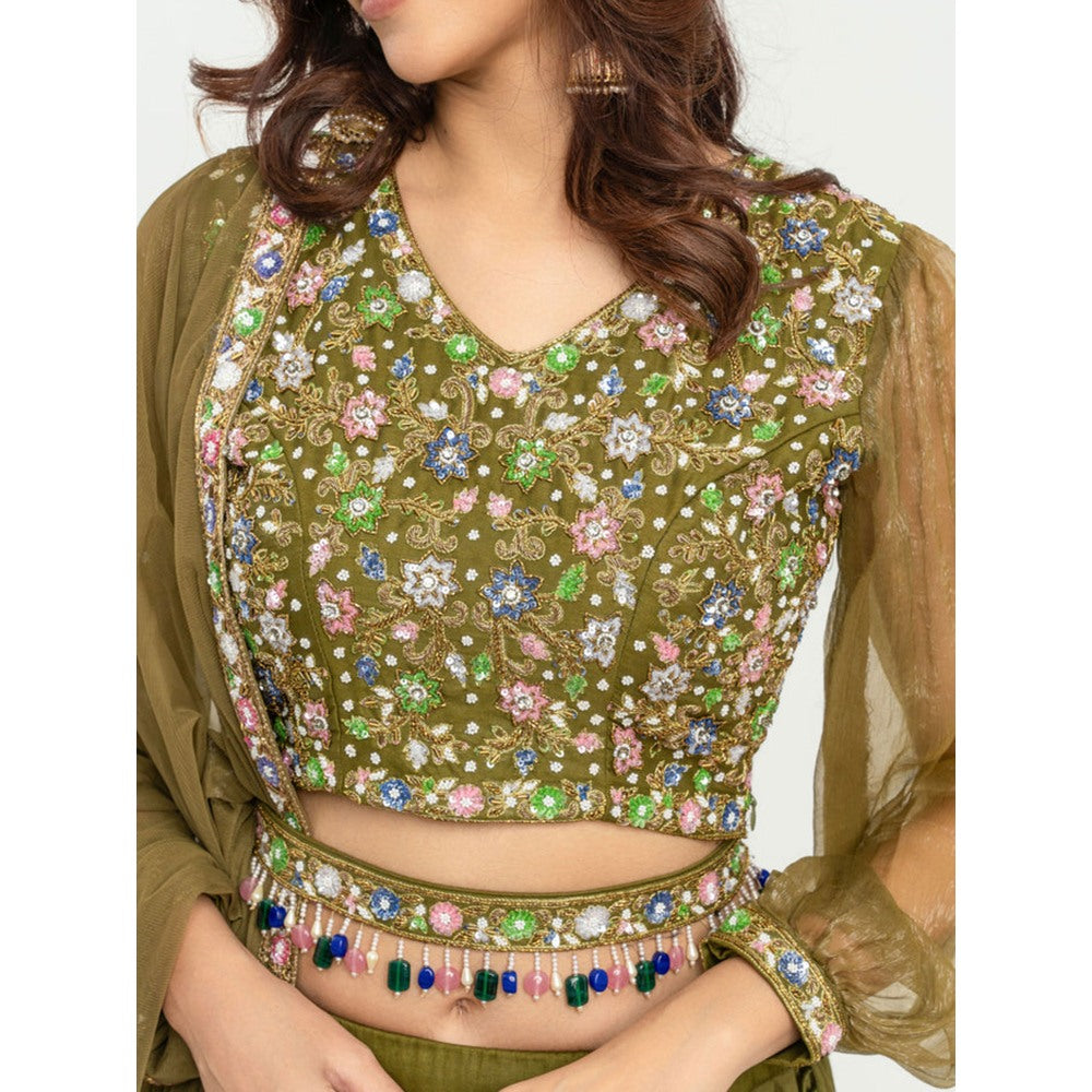 EESHA GUPTA Women Green Embellished Belted Lehenga with Choli and Dupatta (Set of 4)