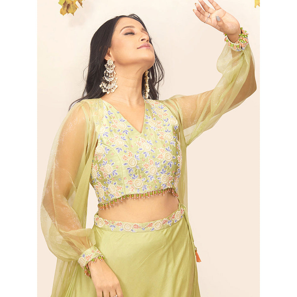 EESHA GUPTA Women Green Floral Lehenga with Choli and Cape (Set of 3)