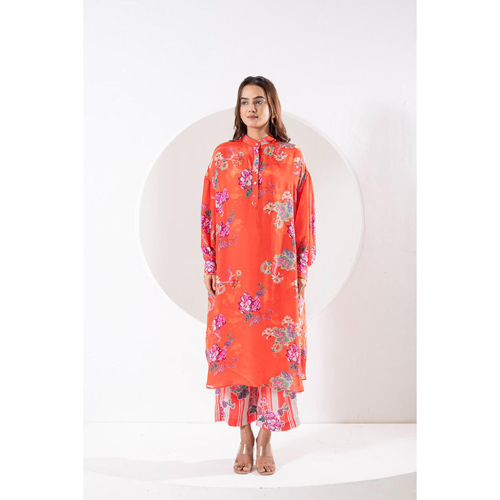 Ekavira Kanak Orange Floral Print Kurta and Pant (Set of 2)
