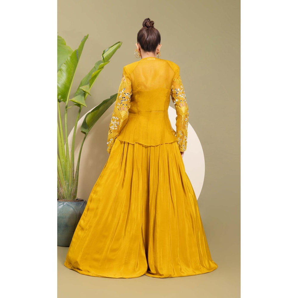 EK Soot Mustard Honey Gold Embroidered Bustier with Lehenga and Jacket (Set of 3)